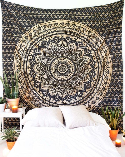 Gold print mandala tapestry - gold,
